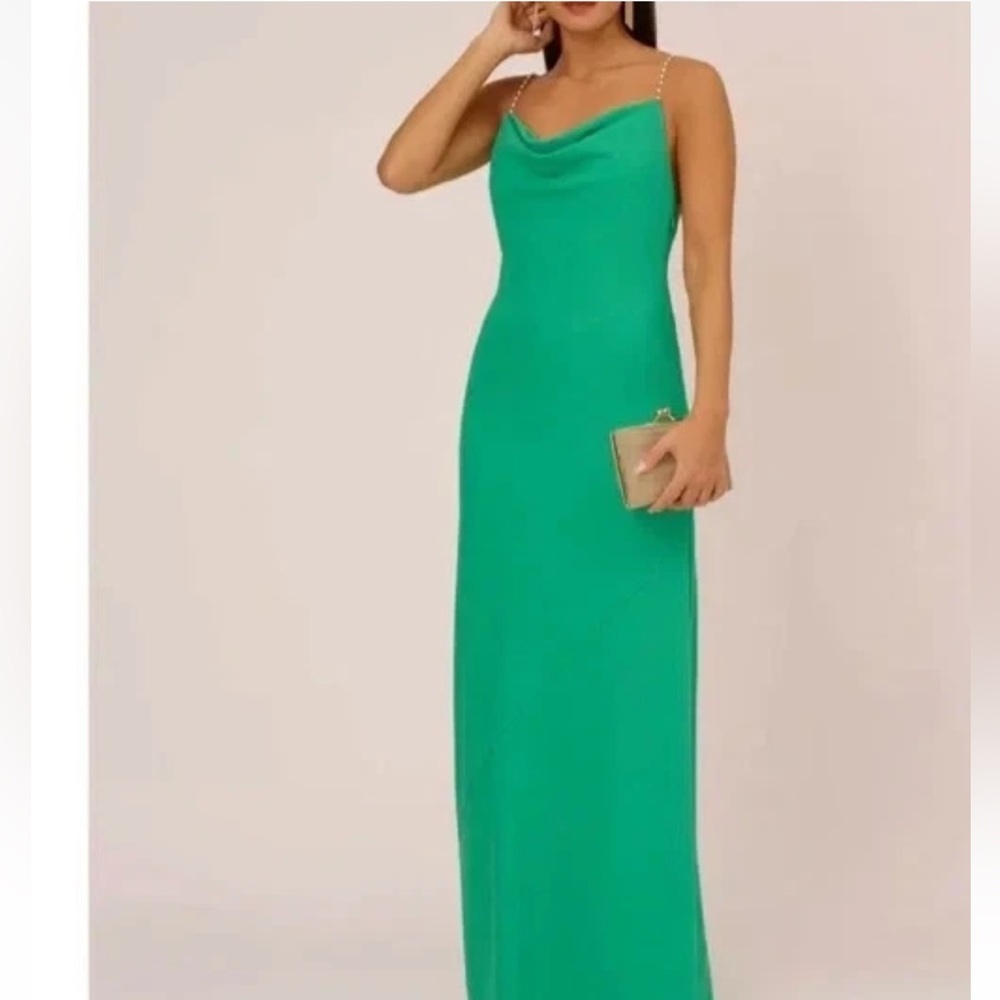 Adrianna Papell Emerald Green Cowl Neck Maxi Dress with Pearl Chain Straps | 6